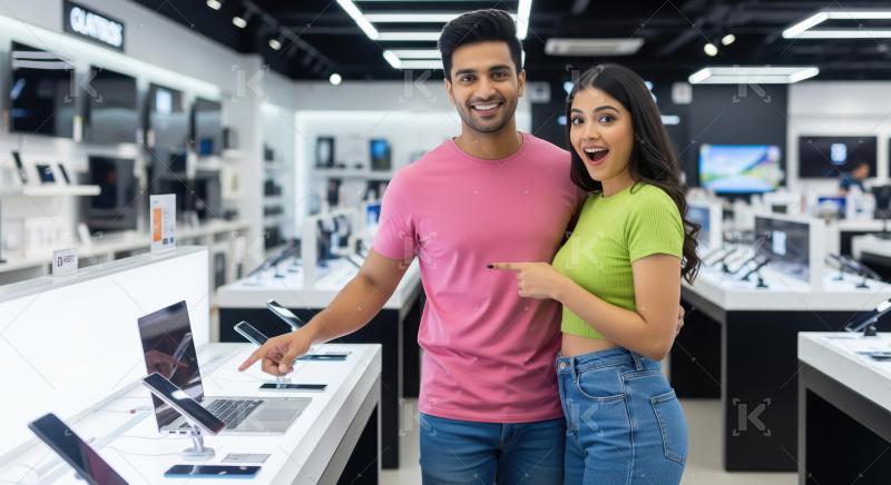 Young indian couple standing together at electronics shop