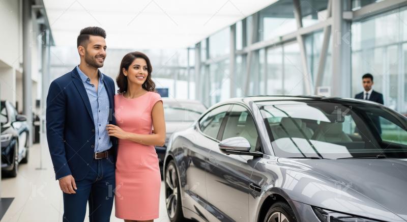 Young indian couple standing together at car showroom