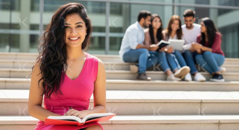 Young indian female college student reading book sitting campus
