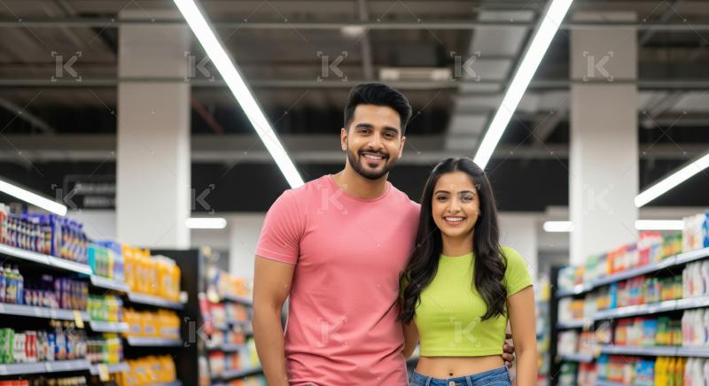 Young indian couple standing together at super market