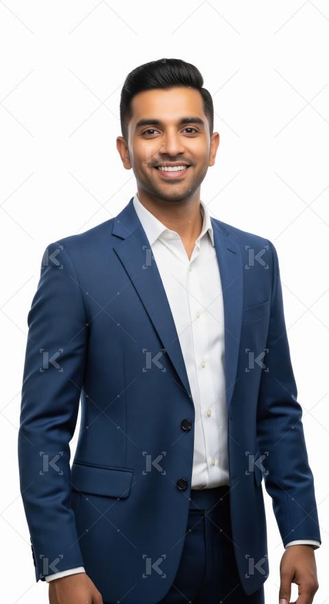 Young indian businessman wearing blue suit standing on white bac
