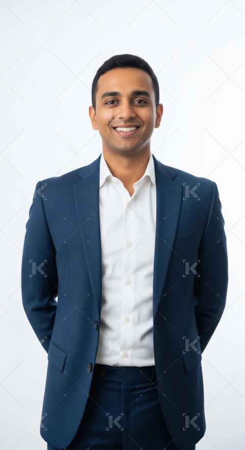 Young indian businessman wearing blue suit standing on white bac