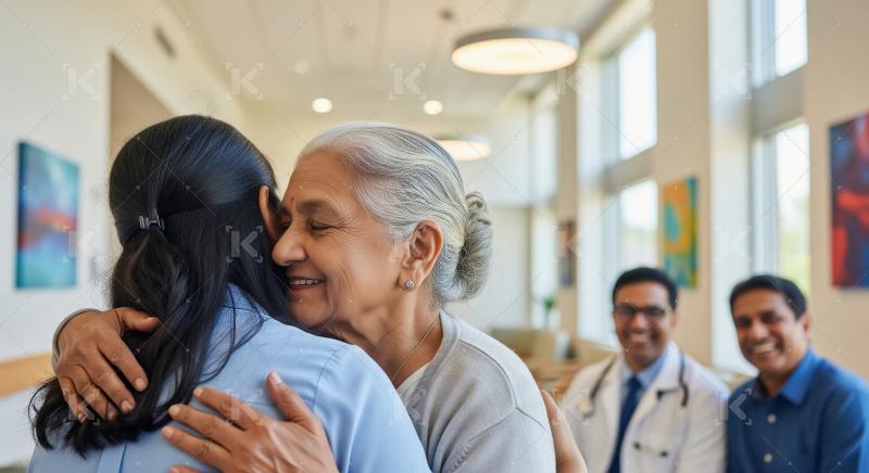 Indian elderly woman shares a supportive hug with her caregiver