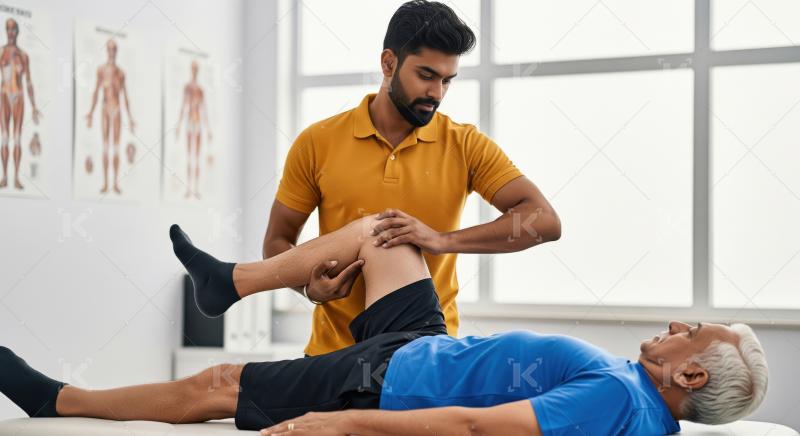 Young indian physiotherapist guides a patient through a leg reha