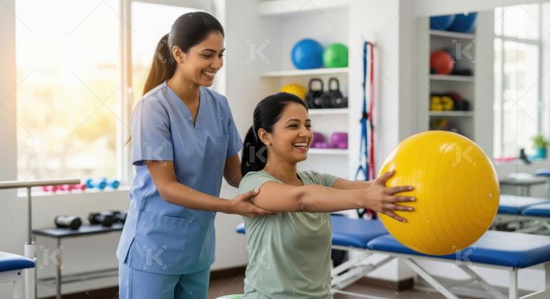 Young indian physiotherapist assists a patient with an exercise