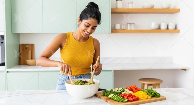 Young beautiful indian woman cooking in the kitchen at home