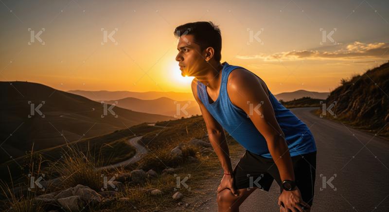 Young indian man takes a break from running on a scenic mountain