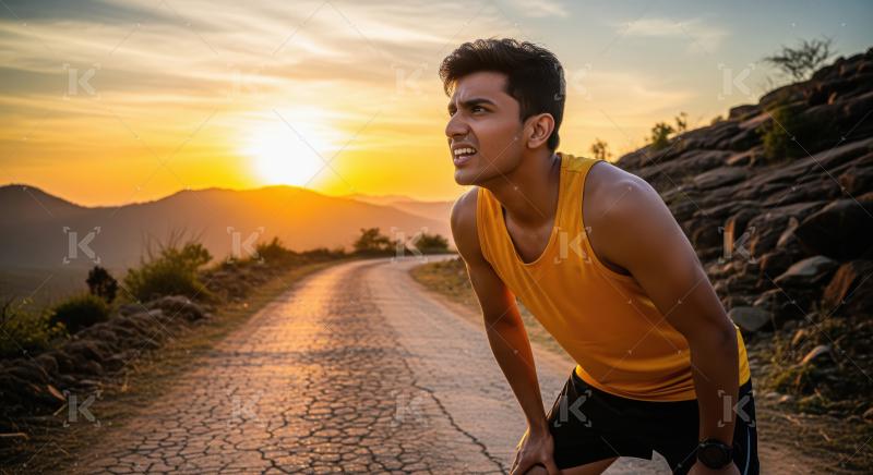 Young indian man takes a break from running on a scenic mountain