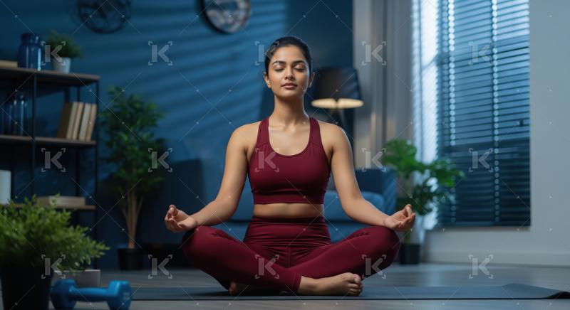 Young beautiful indian woman doing yoga at home