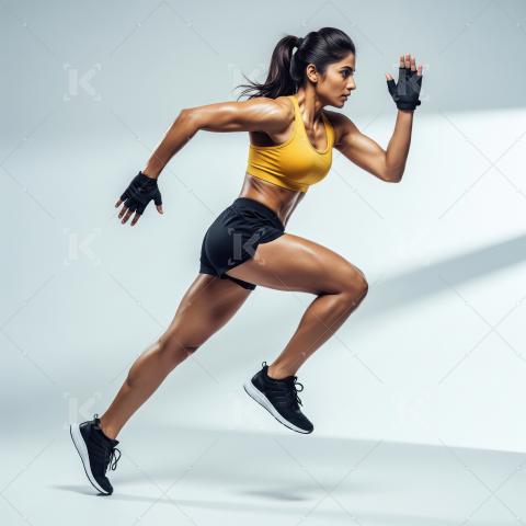 Young indian powerful female athlete running on white background