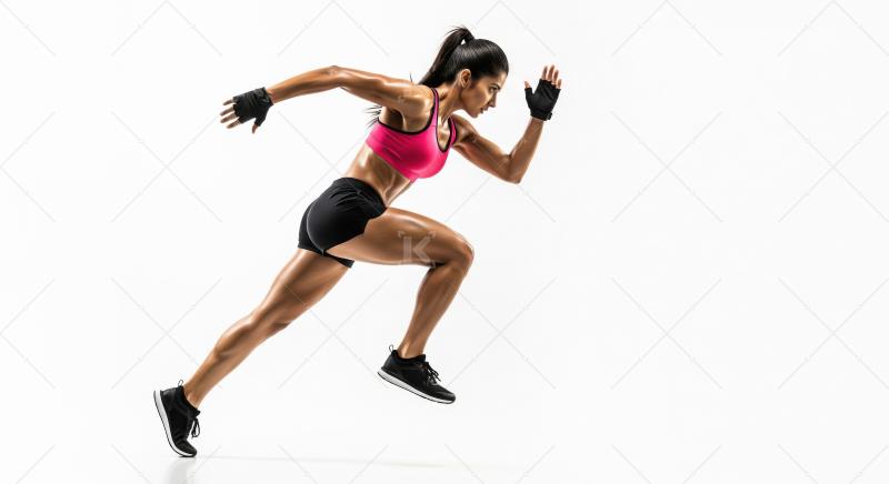 Young indian powerful female athlete running on white background