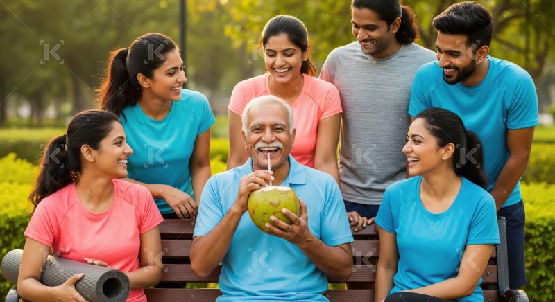 Happy indian people enjoying coconut hydration together at park