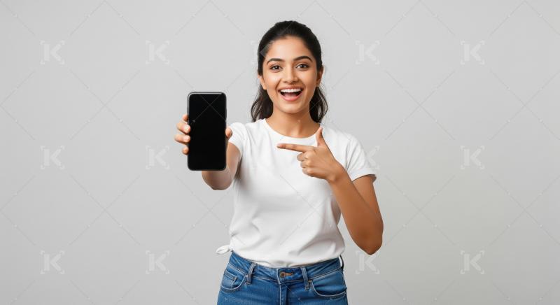 Young indian woman showing smartphone screen and pointing