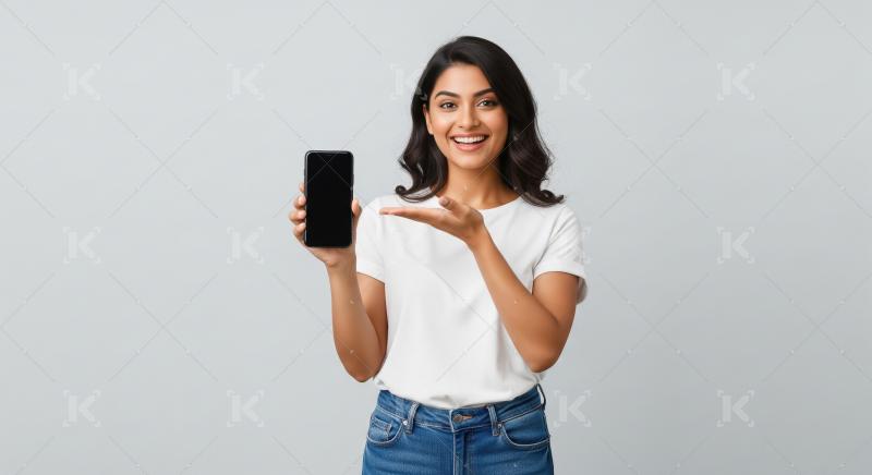 Young indian woman showing smartphone screen and pointing