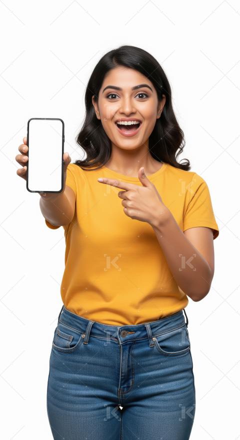 Young indian woman showing smartphone screen and pointing