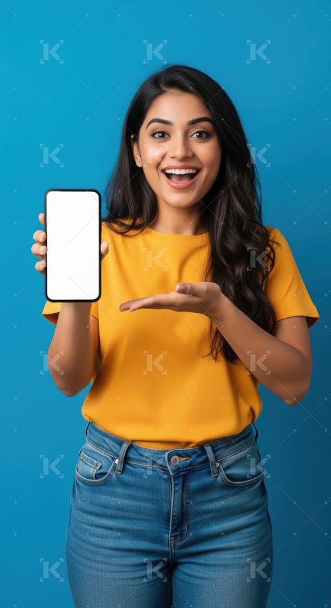 Young indian woman showing smartphone screen and pointing