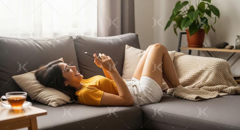 Young beautiful indian woman laying on sofa and using smartphone