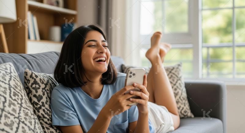 Young beautiful indian woman laying on sofa and using smartphone