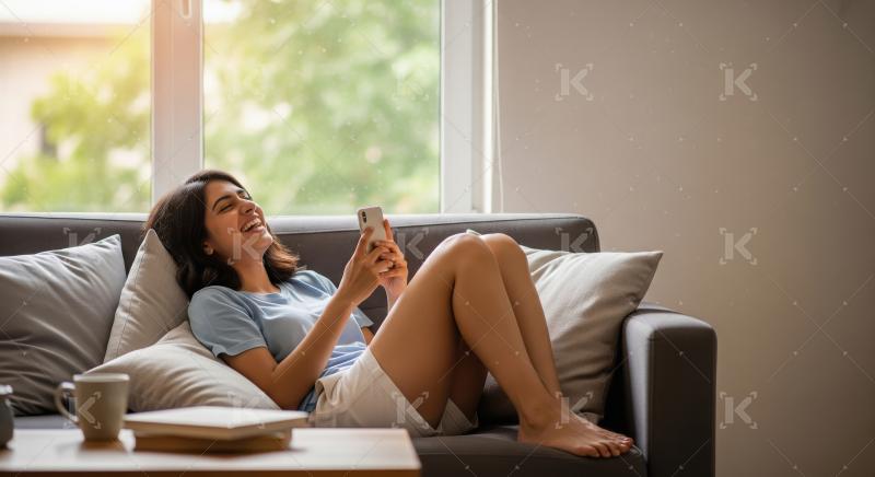 Young beautiful indian woman laying on sofa and using smartphone