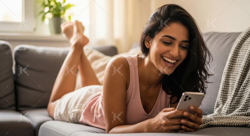 Young beautiful indian woman laying on sofa and using smartphone