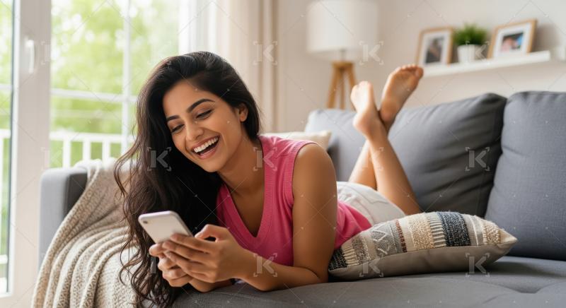 Young beautiful indian woman laying on sofa and using smartphone