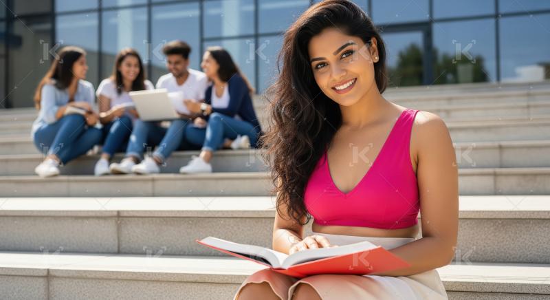 Young indian female college student reading book sitting campus