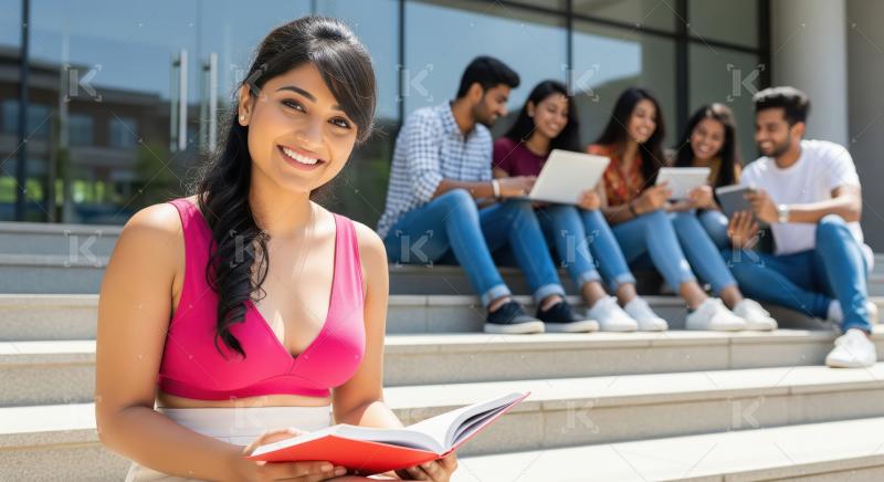 Young indian female college student reading book sitting campus