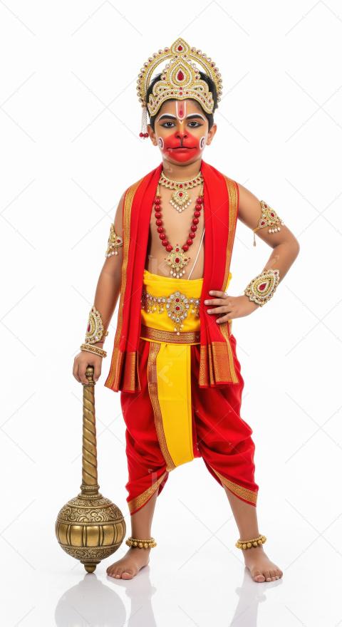 Happy indian little boy wearing lord hanuman costume standing on
