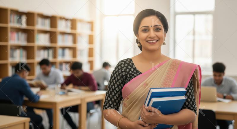 Young indian female teacher holding books standing in classroom