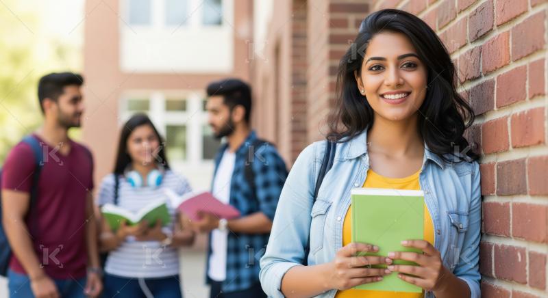 Young indian female college student holding books standing at co