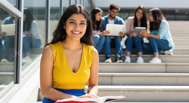 Young indian female college student reading book sitting campus