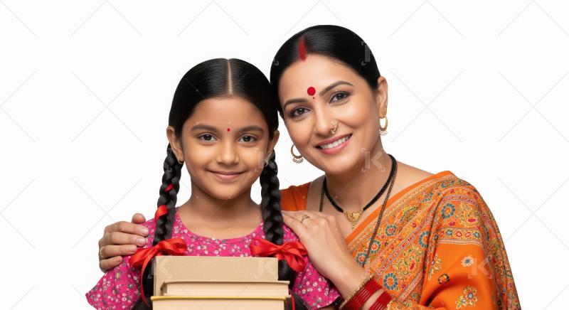 Happy indian schoolgirl holding books standing with mother on wh