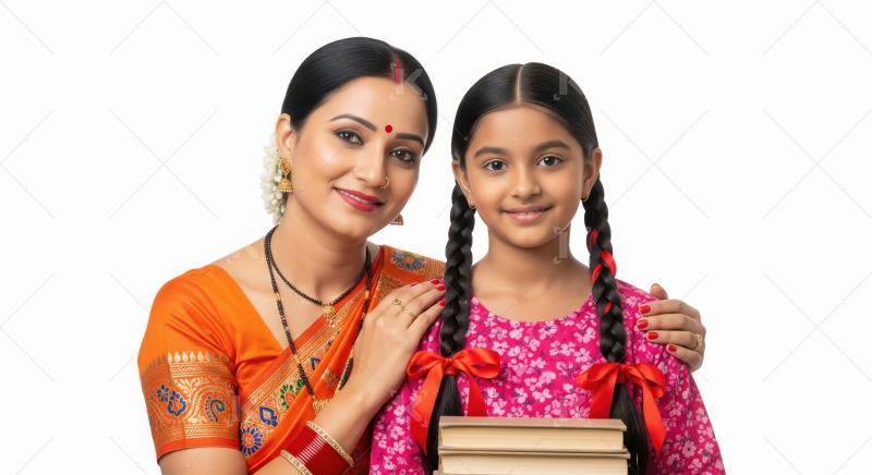 Happy indian schoolgirl holding books standing with mother on wh