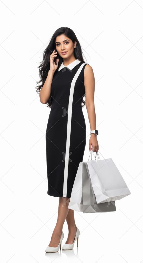 Young stylish woman holding shopping bags talking on smartphone