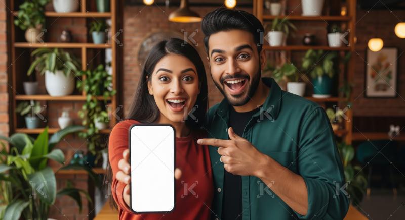 Happy and excited indian couple showing smartphone screen