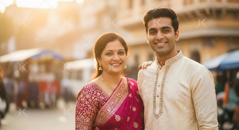 Indian mother with son standing outdoor in traditional attire
