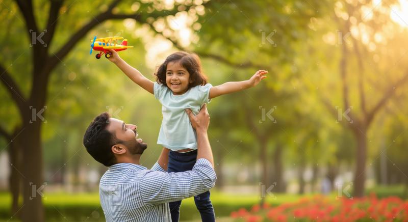 A father lifts his child in a sunlit park as the child holds a c