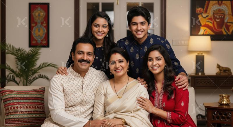 A well-dressed family stands together indoors, showcasing colorf