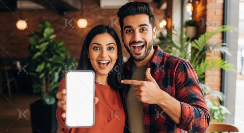 Happy and excited indian couple showing smartphone screen