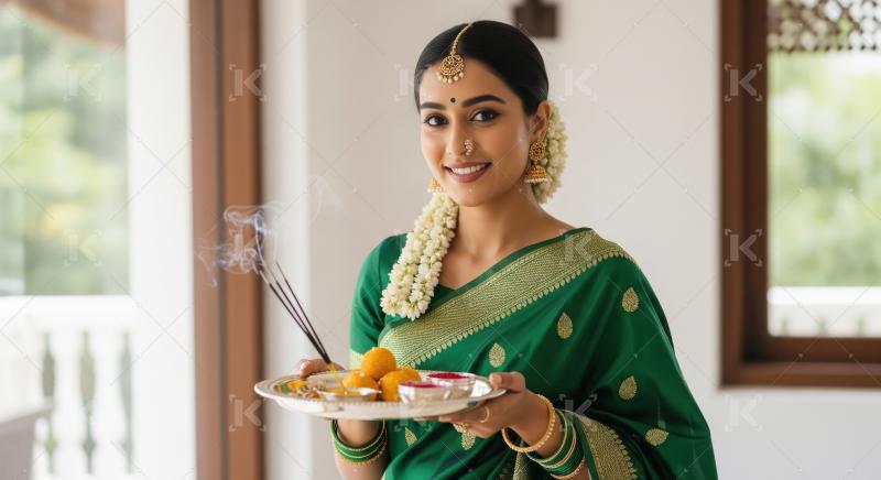 A woman dressed in a green silk saree adorned with jasmine flowe