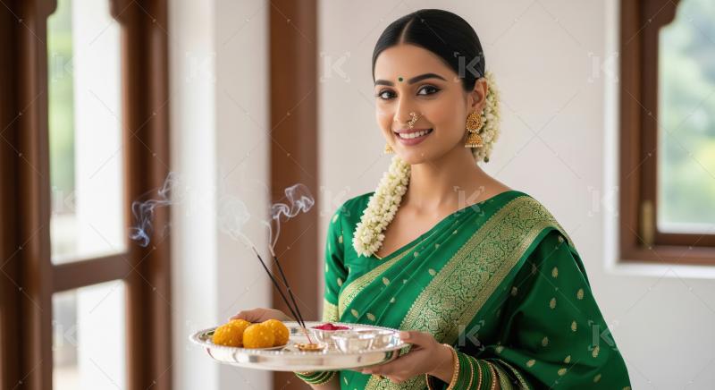 A woman dressed in a green silk saree adorned with jasmine flowe