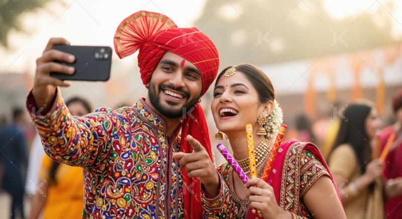 A couple dressed in vibrant traditional Gujarati attire enjoys a