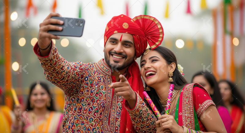 A couple dressed in vibrant traditional Gujarati attire enjoys a