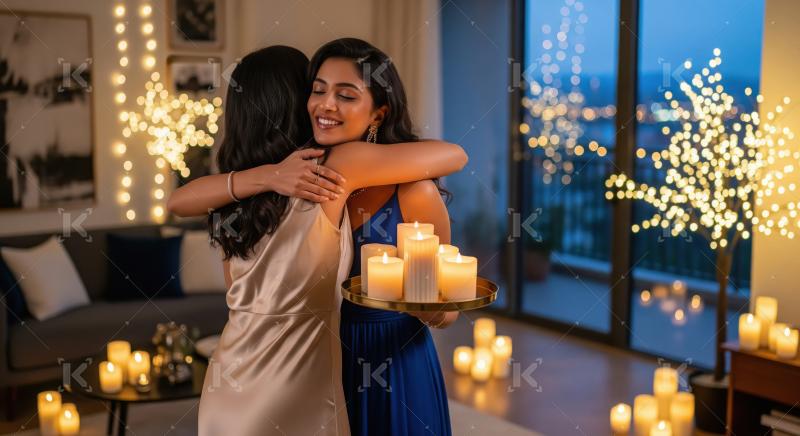 Two young indian female friends hugging together on diwali festi