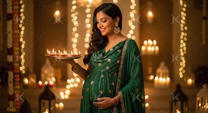 Young indian pregnant woman holding oil lamps plate on diwali fe