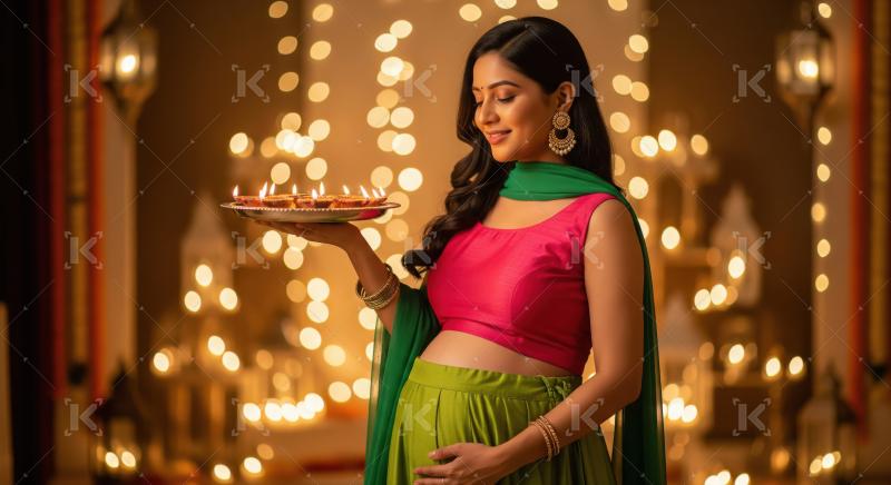 Young indian pregnant woman holding oil lamps plate on diwali fe
