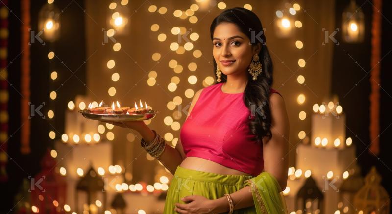 Young indian pregnant woman holding oil lamps plate on diwali fe