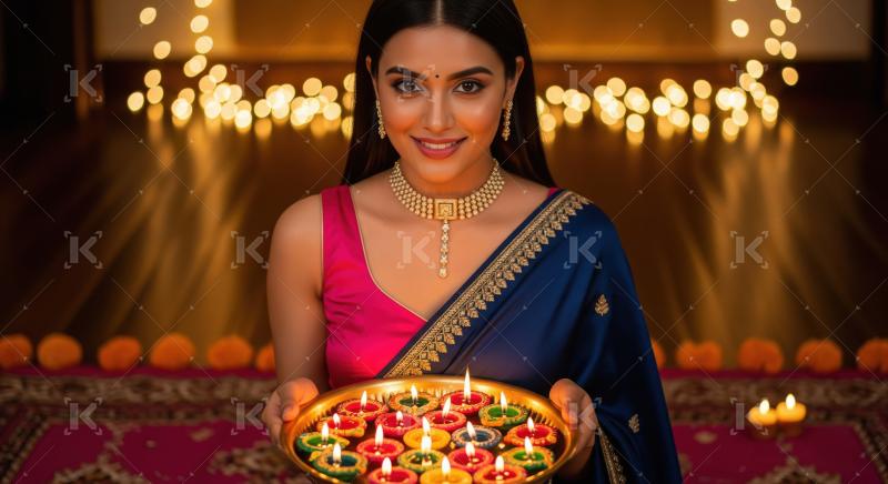 Young indian woman holding oil lamps plate on diwali festival