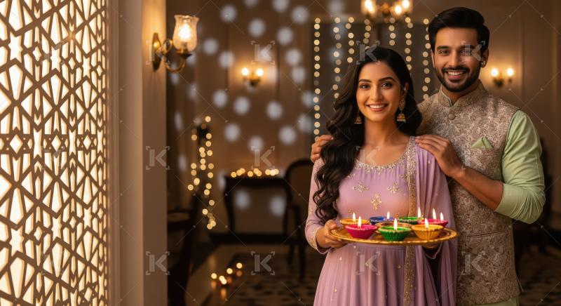 Young indian couple standing together holding oil lamp plate on