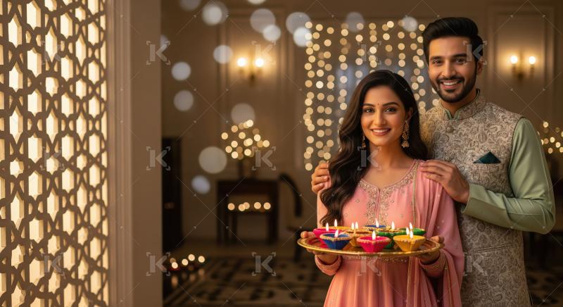 Young indian couple standing together holding oil lamp plate on